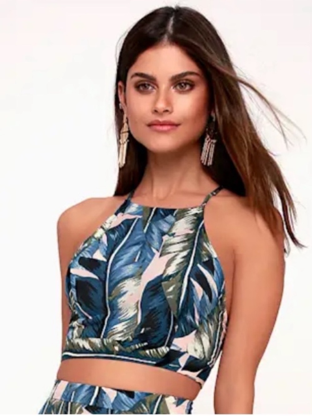 Lulus Back to Your Roots Palm Leaf Tie Back Crop Top XS NWT Tropical